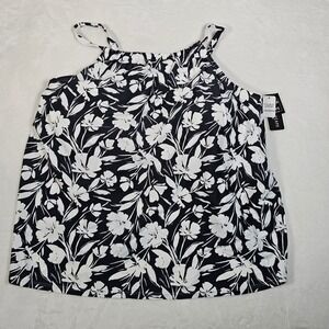 Island Escape Floral Print Tankini Swim Top Black White Full Bust Support 24W